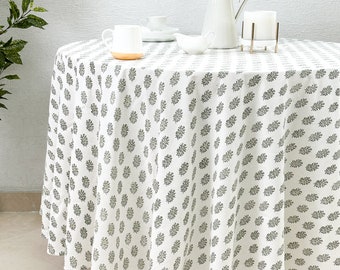 Flower 100% Cotton Round Table Cloth for Dining Table Kitchen Wedding Everyday Use Dinner Parties ,Sage Green, Hand Block Printed