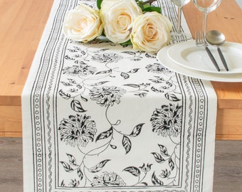 Black & Off White Table Runners, 100% Cotton, Floral Hand Block Print for Home, Kitchen, Dining Room, Holiday