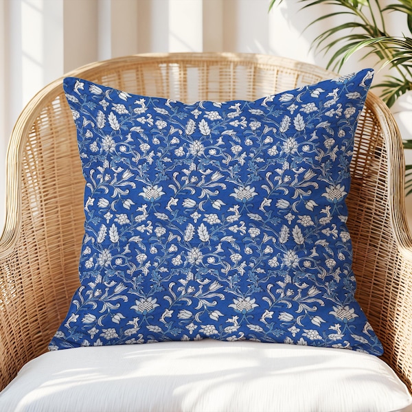 Azure Blue Floral Block Printed Pillow Cover, Block Print Pillow Cover for Christmas, Thanksgiving, Housewarming Gift