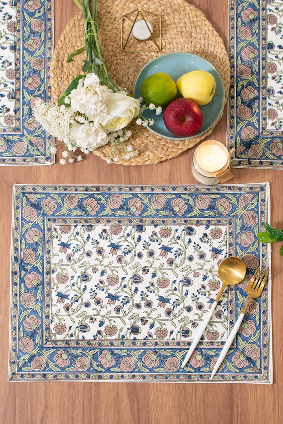 Floral Print 100% Cotton Set of 6 Placemats for Dining Table Kitchen Wedding Everyday Use Dinner Parties (14x18 inch, Blue, Block Printed)