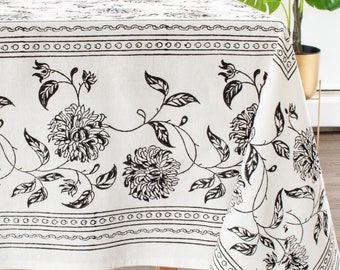 Black White Table Cloth, 100% Cotton, Floral Hand Block Print for Home, Kitchen, Dining Room, Holiday