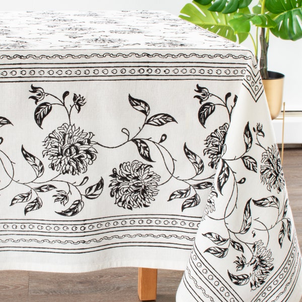 Black White Table Cloth, 100% Cotton, Floral Hand Block Print for Home, Kitchen, Dining Room, Holiday