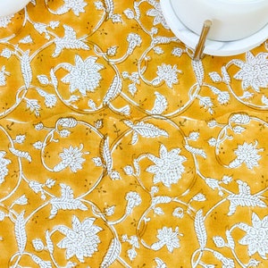 Mustard Floral 100% Cotton Round Table Cloth for Dining Table Kitchen Wedding Everyday Use Dinner Parties ,Mustard, Hand Block Printed image 3