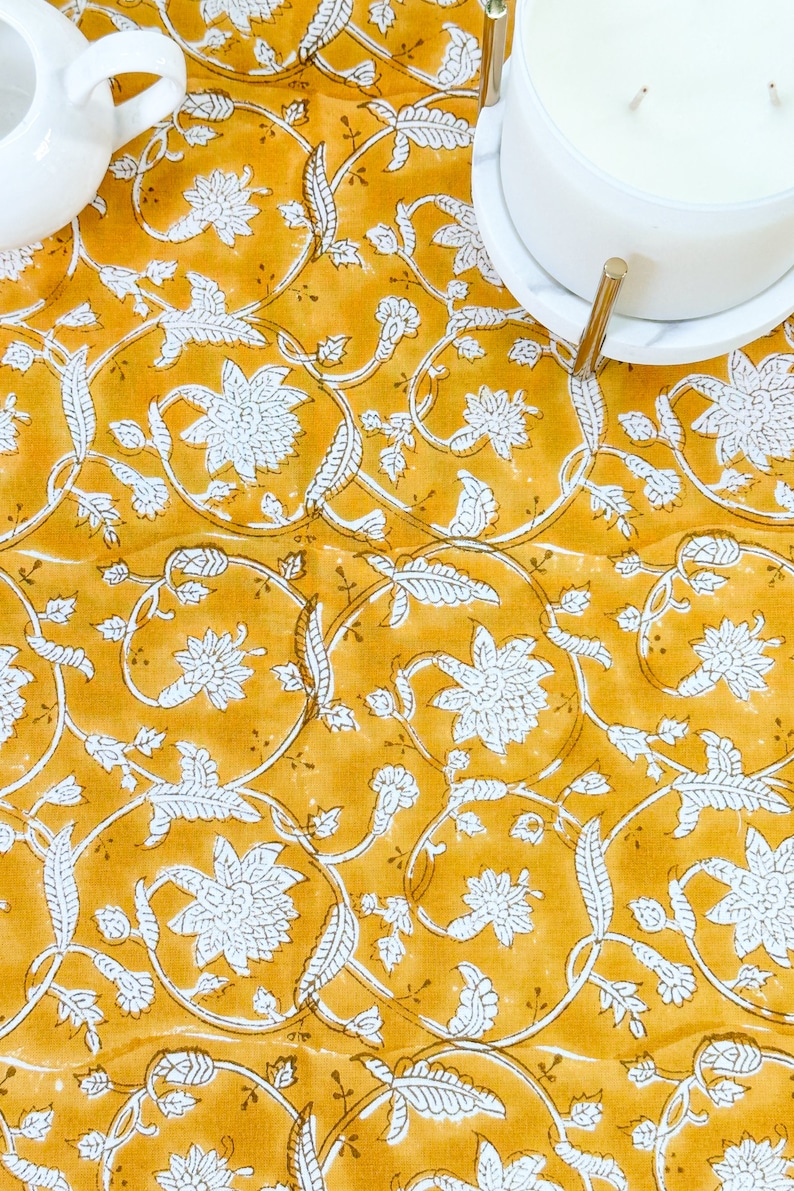 Mustard Floral 100% Cotton Round Table Cloth for Dining Table Kitchen Wedding Everyday Use Dinner Parties ,Mustard, Hand Block Printed image 3