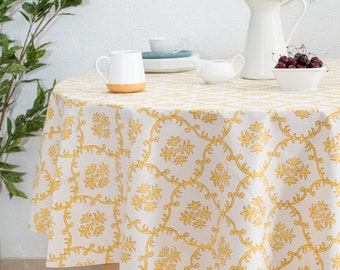 Trellis 100% Cotton Round Table Cloth for Dining Table Kitchen Wedding Everyday Use Dinner Parties ,Yellow, Hand Block Printed