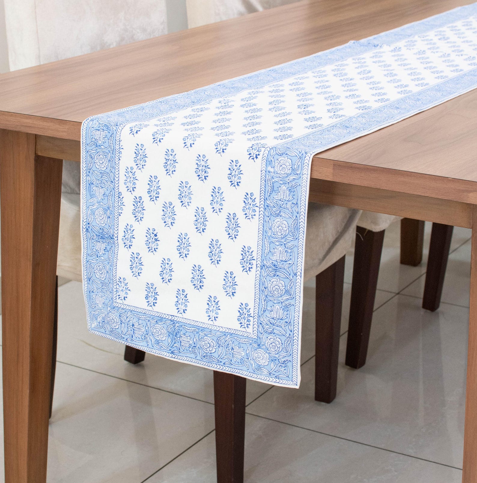 Blue Flower 100% Cotton Table Runner for Dining Table Kitchen Wedding Everyday Use Dinner Parties, Hand Block Printed - 16x64 inch