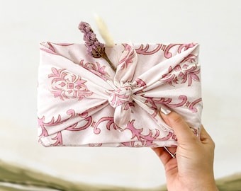 Pink Trellis Furoshiki Reusebale Cloth Gift Wrap, Japenese Fabric Wrap, Block Printed Cotton Furoshiki Cloth