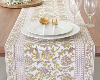 Taupe Floral Block Print Table Runner for Thanksgiving, Christmas, Housewarming