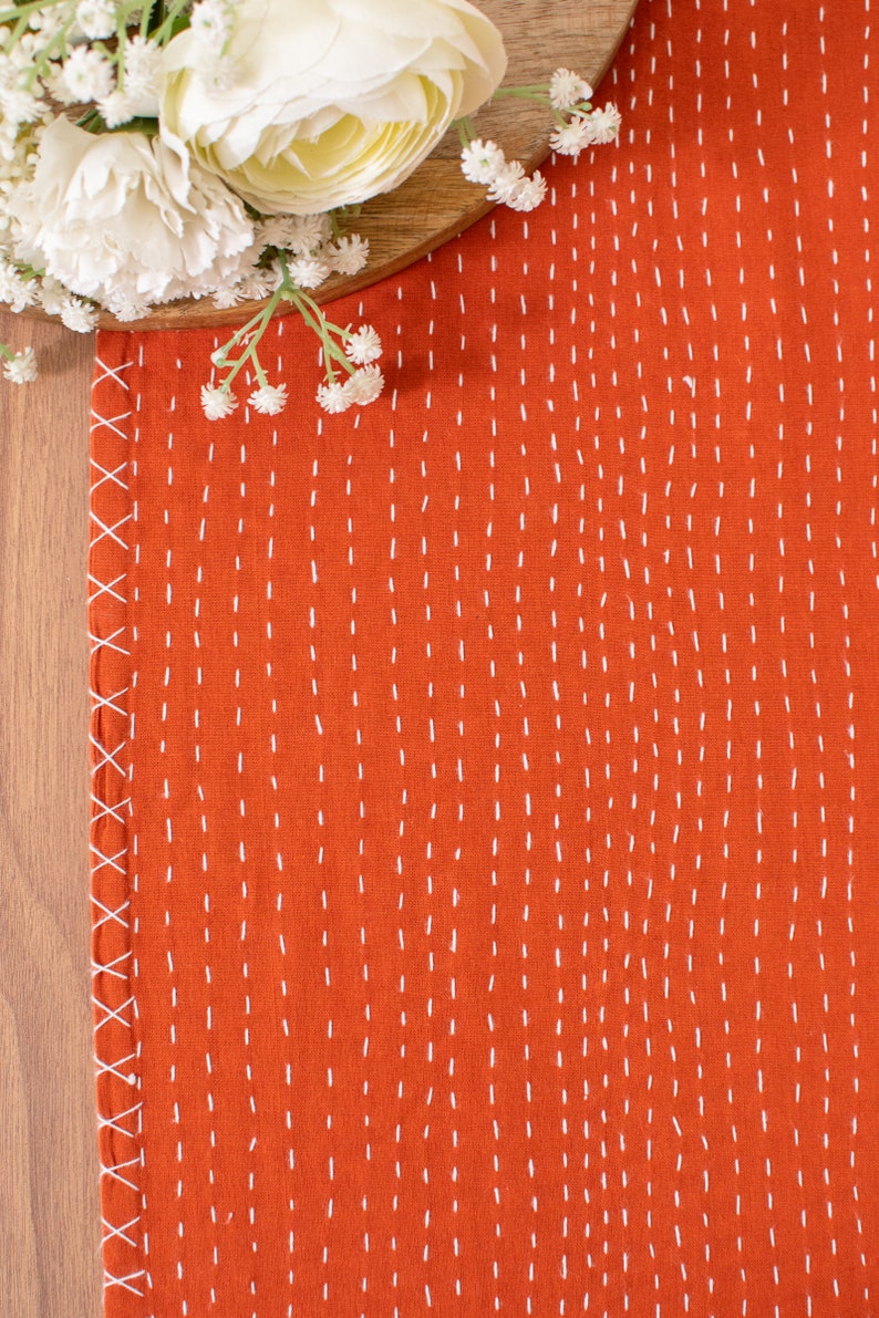Rust 100% Cotton Table Runner with Kantha Pattern for Thanksgiving, Home, Kitchen, Dining Room, Holiday, Wedding Party image 3