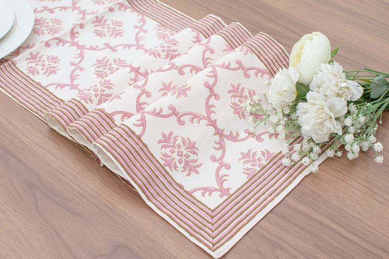 Pink Block Print Table Runner in Trellis Pattern - Etsy
