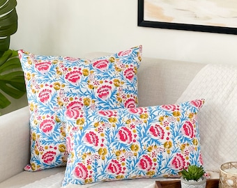 Pink Floral Block Print Pillow Cover for Bedroom, Living Room, Family Room, Patio, Baby Nursery, Dorm, RV, 100% Cotton