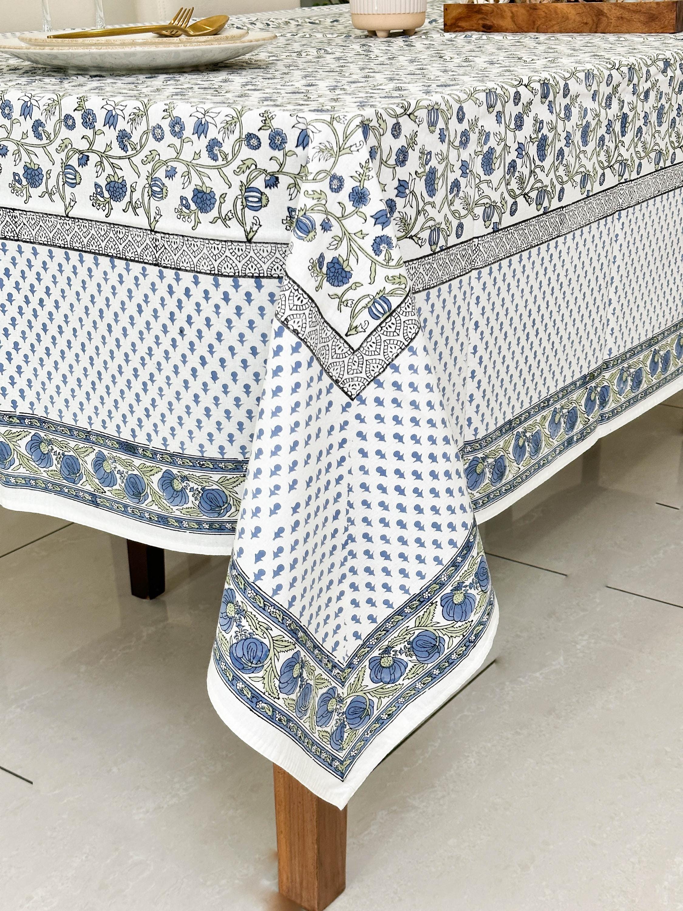 Blue Floral 100% Cotton Table Cloth for Dining Table Kitchen Wedding ...