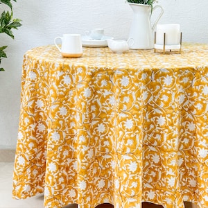 Mustard Floral 100% Cotton Round Table Cloth for Dining Table Kitchen Wedding Everyday Use Dinner Parties ,Mustard, Hand Block Printed image 1