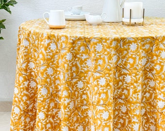 Mustard Floral 100% Cotton Round Table Cloth for Dining Table Kitchen Wedding Everyday Use Dinner Parties ,Mustard, Hand Block Printed