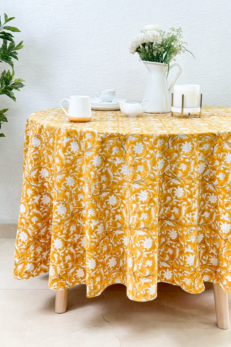 Mustard Floral 100% Cotton Round Table Cloth for Dining Table Kitchen Wedding Everyday Use Dinner Parties ,Mustard, Hand Block Printed image 1