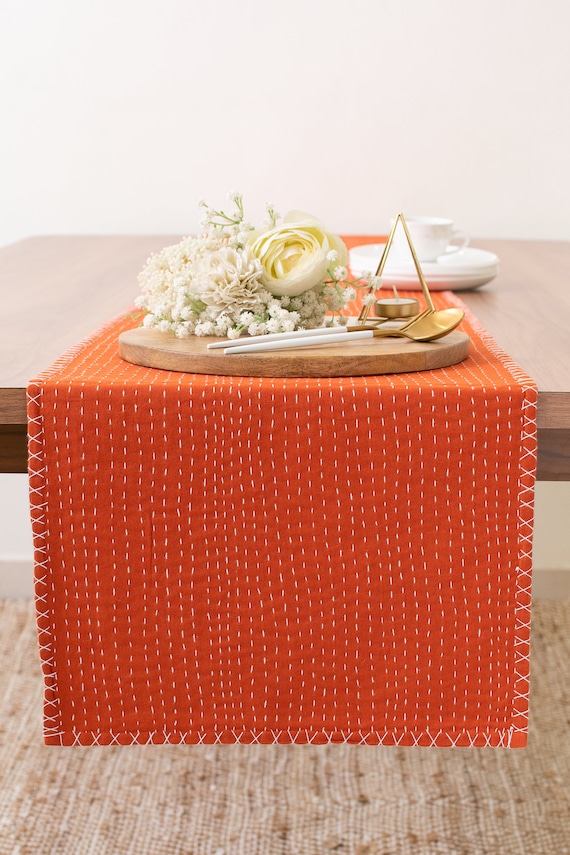 Rust 100% Cotton Table Runner with Kantha Pattern for Thanksgiving, Home, Kitchen, Dining Room, Holiday, Wedding Party