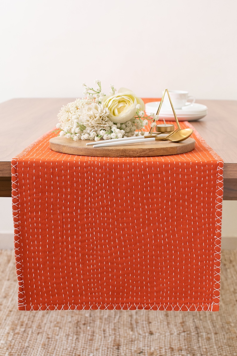 Rust 100% Cotton Table Runner with Kantha Pattern for Thanksgiving, Home, Kitchen, Dining Room, Holiday, Wedding Party image 1