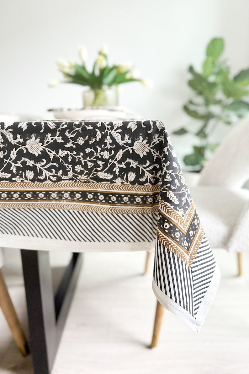 Black Floral Tablecloth for Dining Table, Kitchen Table, Wedding, Baby Shower, Dinner Party, Hand Block Printed on 100% Cotton Fabric image 1