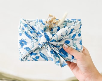 Blue Flower Furoshiki Reusebale Cloth Gift Wrap, Japenese Fabric Wrap, Block Printed Cotton Furoshiki Cloth