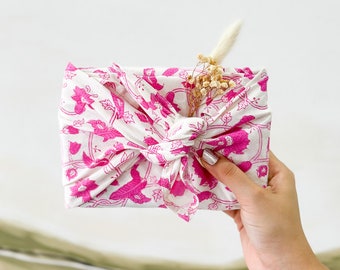 Pink Flower Furoshiki Reusebale Cloth Gift Wrap, Japenese Fabric Wrap, Block Printed Cotton Furoshiki Cloth