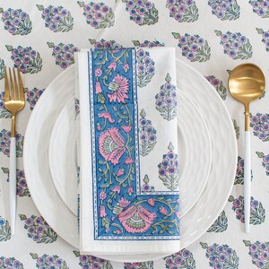 Flower 100% Cotton Table Cloth for Dining Table Kitchen Wedding Everyday Use Dinner Parties ,Blue Pink, Hand Block Printed image 4