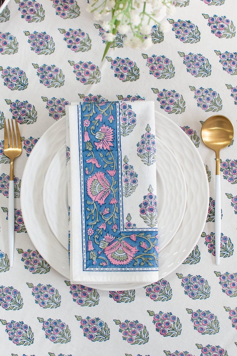 Flower 100% Cotton Table Cloth for Dining Table Kitchen Wedding Everyday Use Dinner Parties ,Blue Pink, Hand Block Printed image 4