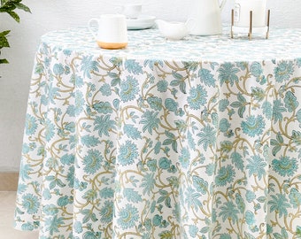 Floral 100% Cotton Round Table Cloth for Dining Table Kitchen Wedding Everyday Use Dinner Parties ,Light Blue, Hand Block Printed