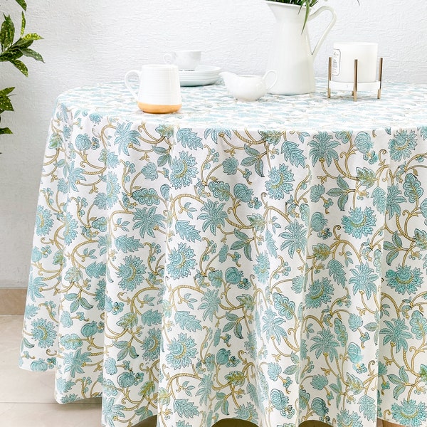 Floral 100% Cotton Round Table Cloth for Dining Table Kitchen Wedding Everyday Use Dinner Parties ,Light Blue, Hand Block Printed