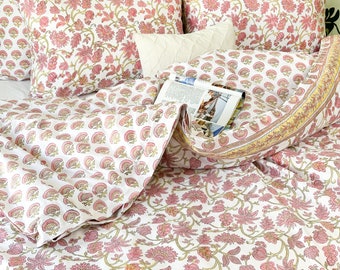 Pink Flower Duvet Cover, Indian Hand Block Print Duvet Cover with Pillowcase & Shams, Cotton Sateen Fabric, King, Queen, Twin, Full