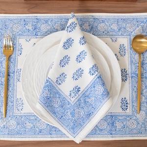 Blue Flower 100% Cotton Table Napkin for Dining Table Kitchen Wedding Everyday Use Dinner Parties, Hand Block Printed