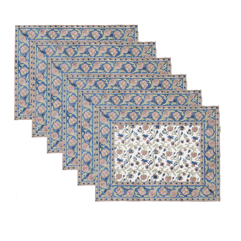 Floral Print 100% Cotton Set of 6 Placemats for Dining Table Kitchen Wedding Everyday Use Dinner Parties (14x18 inch, Blue, Block Printed) afbeelding 9