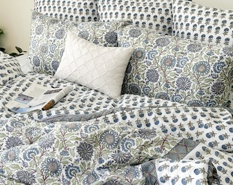Slate Blue Floral Duvet Cover, Indian Hand Block Print Duvet Cover with Pillowcase & Shams, Cotton Sateen Fabric, King, Queen, Twin, Full
