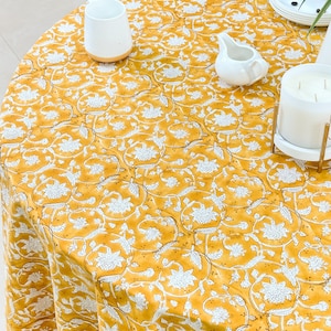 Mustard Floral 100% Cotton Round Table Cloth for Dining Table Kitchen Wedding Everyday Use Dinner Parties ,Mustard, Hand Block Printed image 2