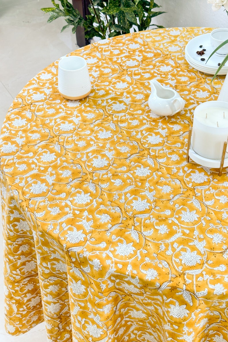 Mustard Floral 100% Cotton Round Table Cloth for Dining Table Kitchen Wedding Everyday Use Dinner Parties ,Mustard, Hand Block Printed image 2