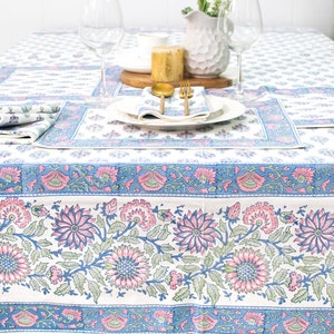 Flower 100% Cotton Table Cloth for Dining Table Kitchen Wedding Everyday Use Dinner Parties ,Blue Pink, Hand Block Printed image 2
