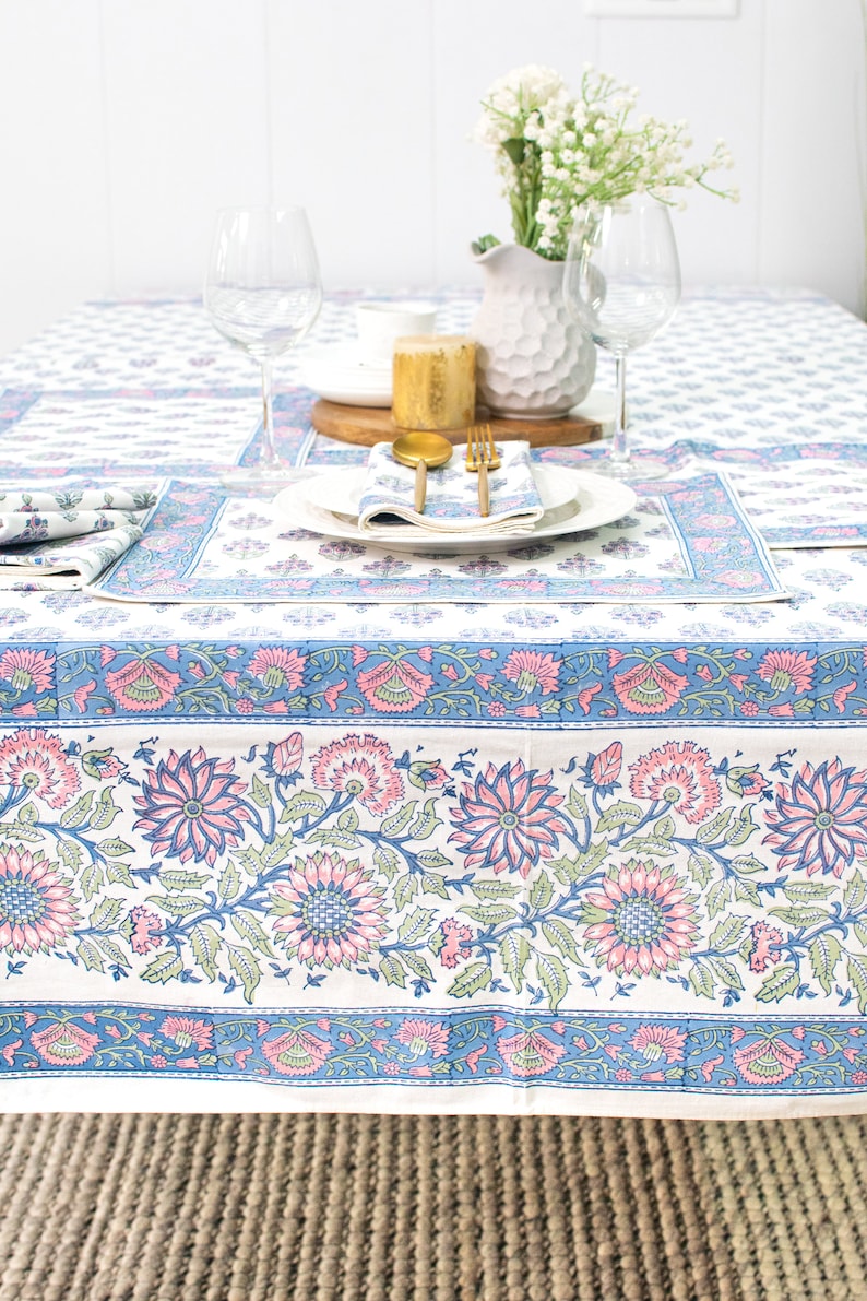Flower 100% Cotton Table Cloth for Dining Table Kitchen Wedding Everyday Use Dinner Parties ,Blue Pink, Hand Block Printed image 2