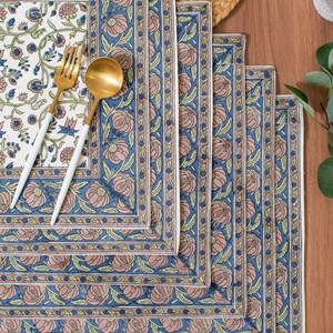 Floral Print 100% Cotton Set of 6 Placemats for Dining Table Kitchen Wedding Everyday Use Dinner Parties (14x18 inch, Blue, Block Printed) afbeelding 4
