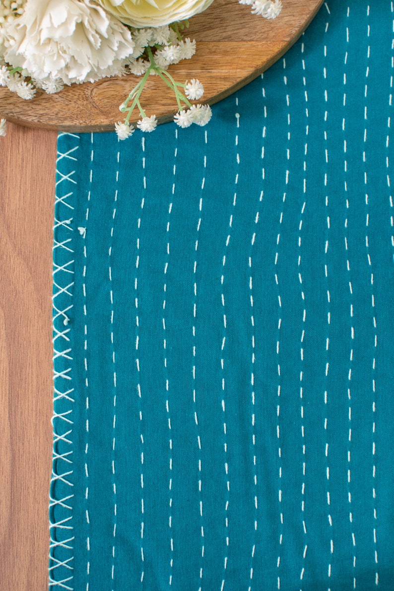 Dark Teal Pure Cotton Table Runner with Kantha Pattern for Thanksgiving, Home, Kitchen, Dining Room, Holiday, Wedding Party image 3