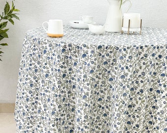 Floral 100% Cotton Round Table Cloth for Dining Table Kitchen Wedding Everyday Use Dinner Parties ,Blue, Hand Block Printed