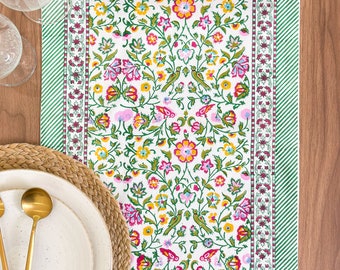Green Bird Flower Table Runner for Wedding, Baby Shower, Block Print Table Runner for Christmas, Thanksgiving, Housewarming Gift