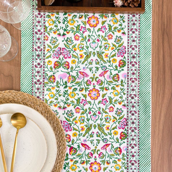 Camino de mesa con diseño de pájaro verde y flores para bodas, baby showers, con estampado de bloques para Navidad, Acción de Gracias y regalo de inauguración de la casa.