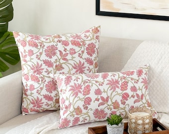 Pink Floral Block Print Pillow Cover for Bedroom, Living Room, Family Room, Patio, Baby Nursery, Dorm, RV, 100% Cotton