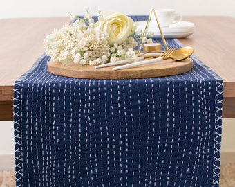 Dark Blue Cotton Long Table Runner with Kantha Pattern for Thanksgiving, Home, Kitchen, Dining Room, Holiday, Wedding Party