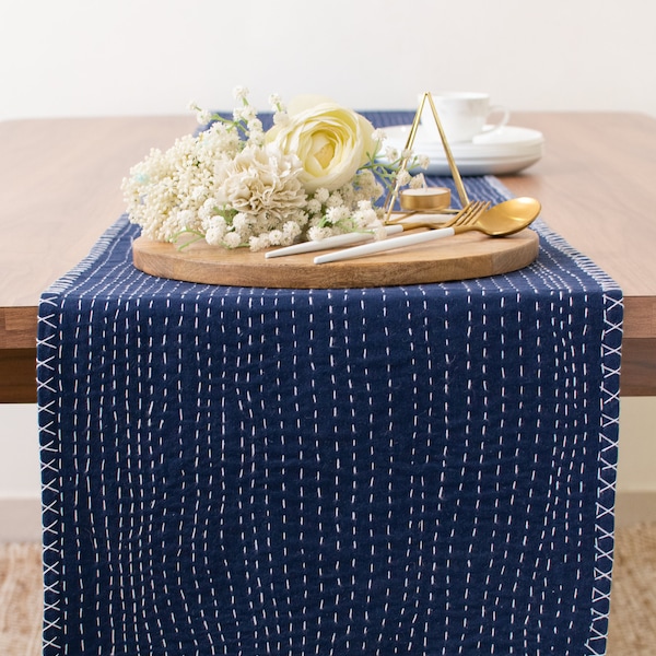 Dark Blue Cotton Long Table Runner with Kantha Pattern for Thanksgiving, Home, Kitchen, Dining Room, Holiday, Wedding Party