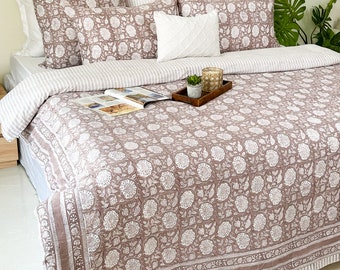 Taupe Floral Duvet Cover, Indian Hand Block Print Duvet Cover with Pillowcase & Shams, Cotton Sateen Fabric, King, Queen, Twin, Full