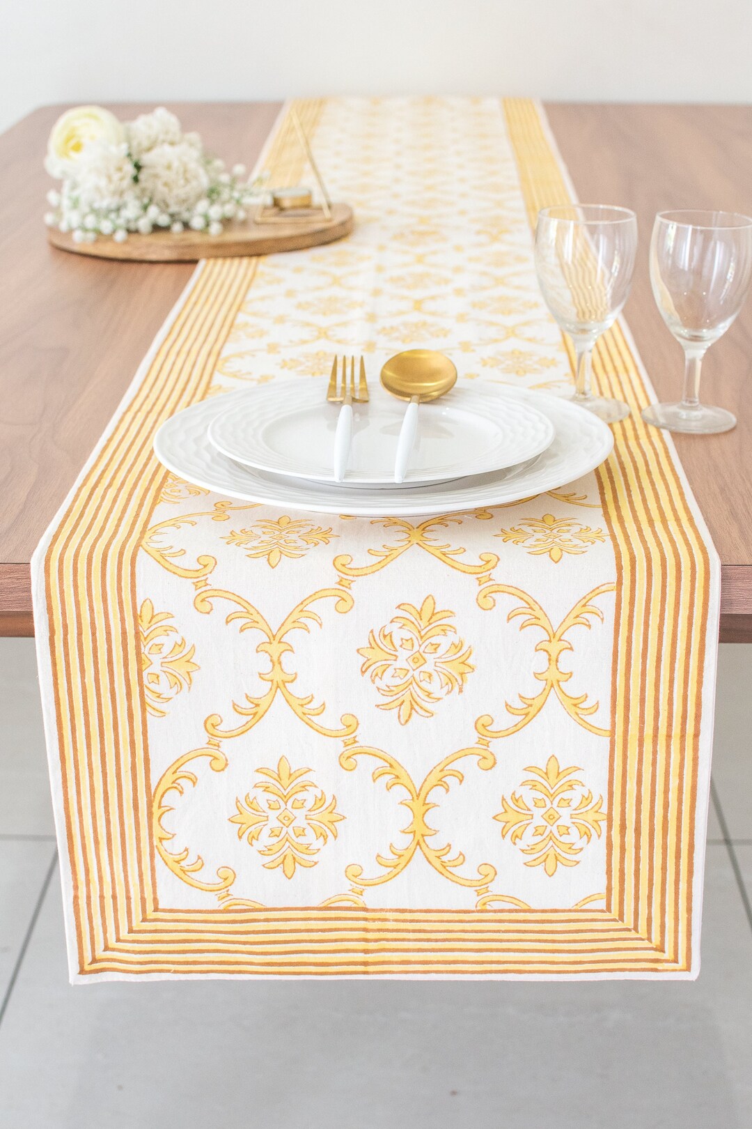 Yellow Block Print Table Runner in Trellis Pattern - Etsy