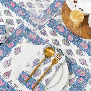 Flower 100% Cotton Table Cloth for Dining Table Kitchen Wedding Everyday Use Dinner Parties ,Blue Pink, Hand Block Printed image 8