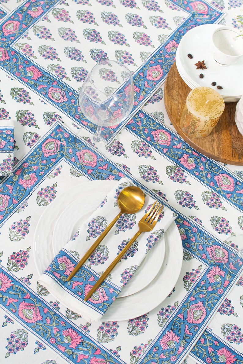 Flower 100% Cotton Table Cloth for Dining Table Kitchen Wedding Everyday Use Dinner Parties ,Blue Pink, Hand Block Printed image 8