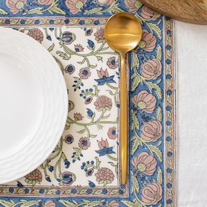 Floral Print 100% Cotton Set of 6 Placemats for Dining Table Kitchen Wedding Everyday Use Dinner Parties (14x18 inch, Blue, Block Printed) afbeelding 2