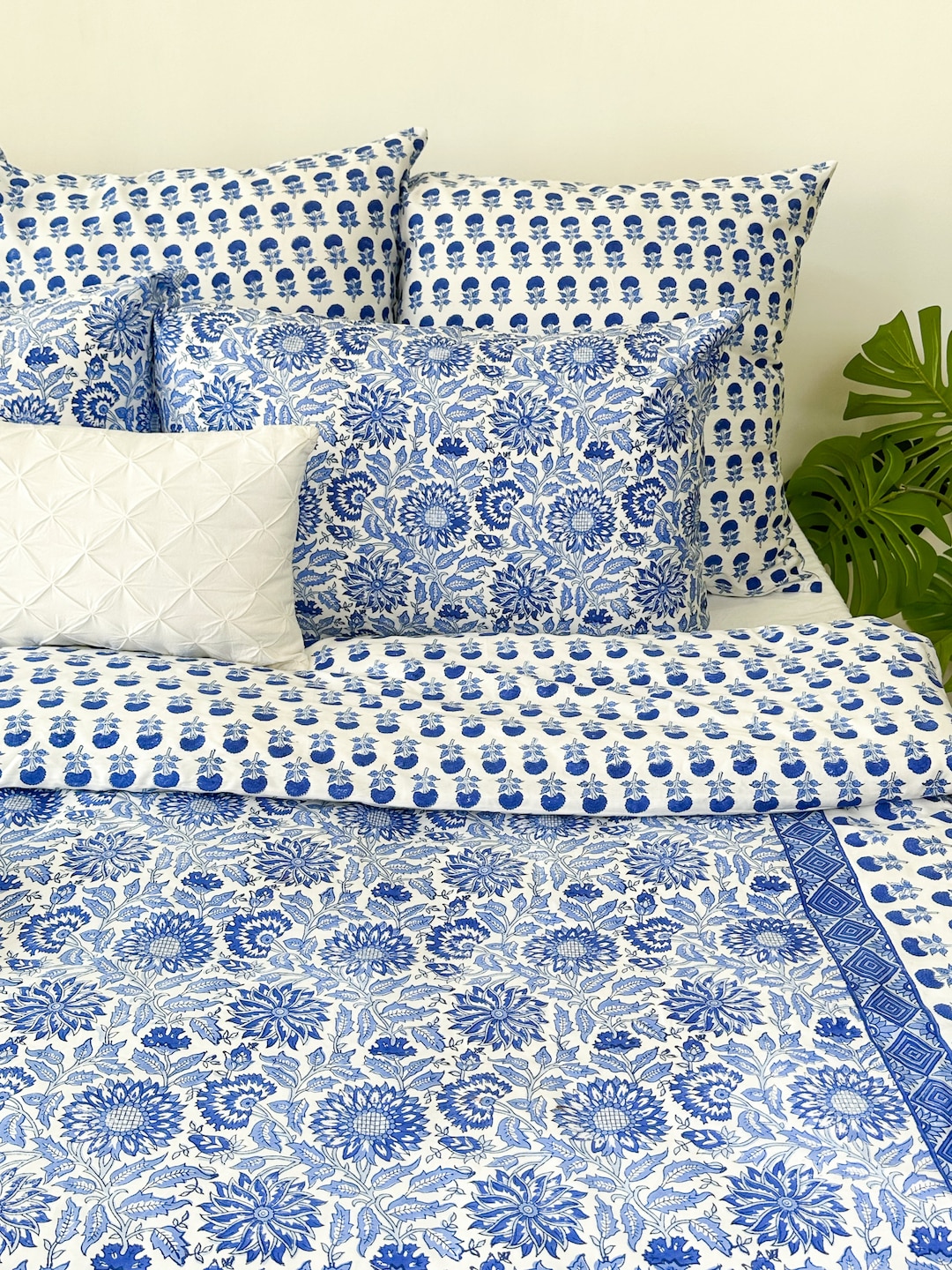 Blue Floral Printed Duvet Cover, Indian Hand Block Print Duvet Cover